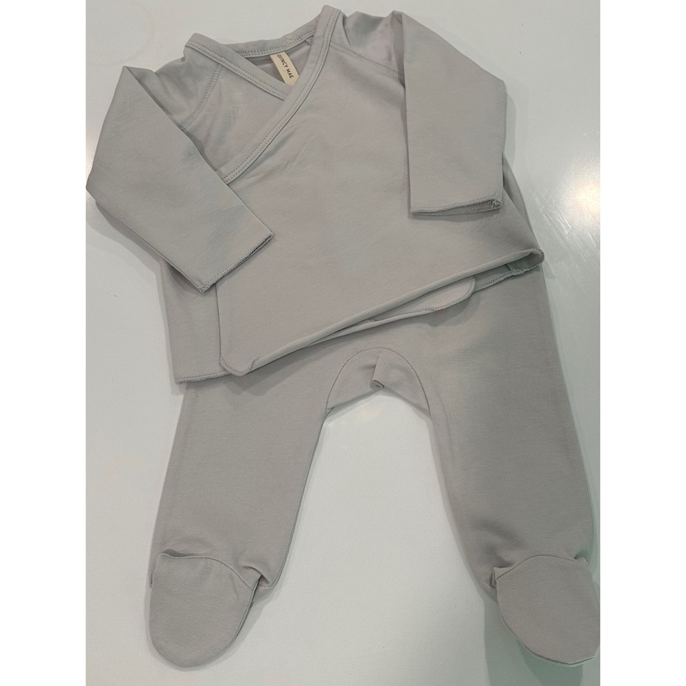 Quincy Mae Organic Cotton Wrap Top and Footed Pant Set Oat Gray 0-3M NWT
